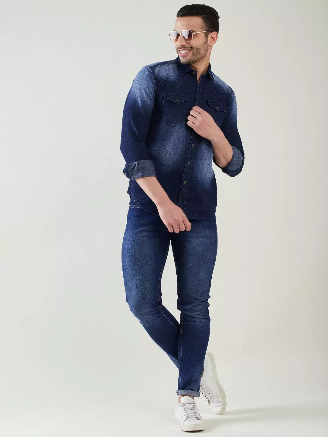 The BlueVibe Dark blue double pocket Denim men shirt
