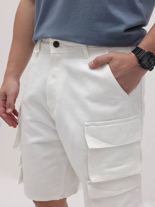 The BlueVibe fully stretchable white cargo men shorts