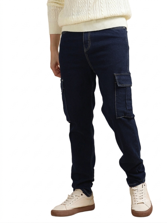The BlueVibe Dark Blue denim cargo for men.