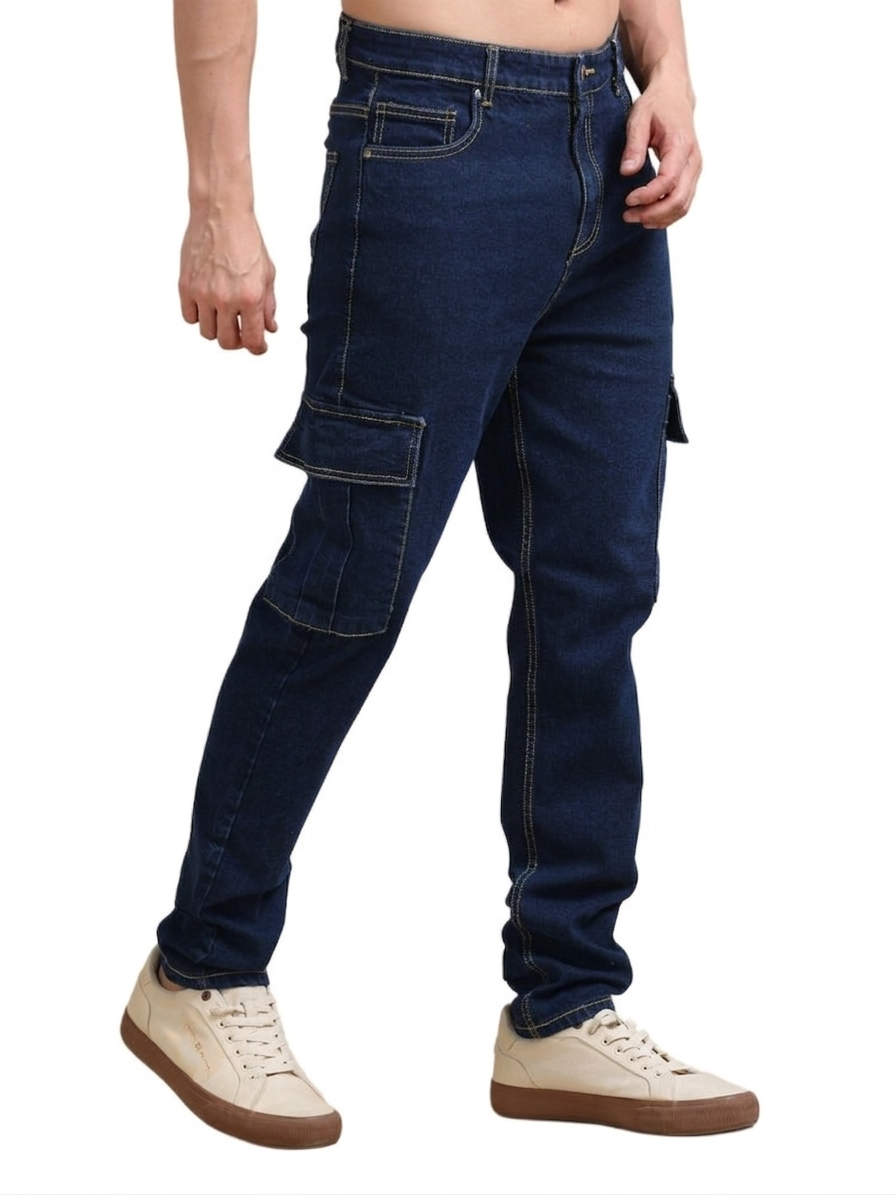 The BlueVibe Dark Blue denim cargo for men.