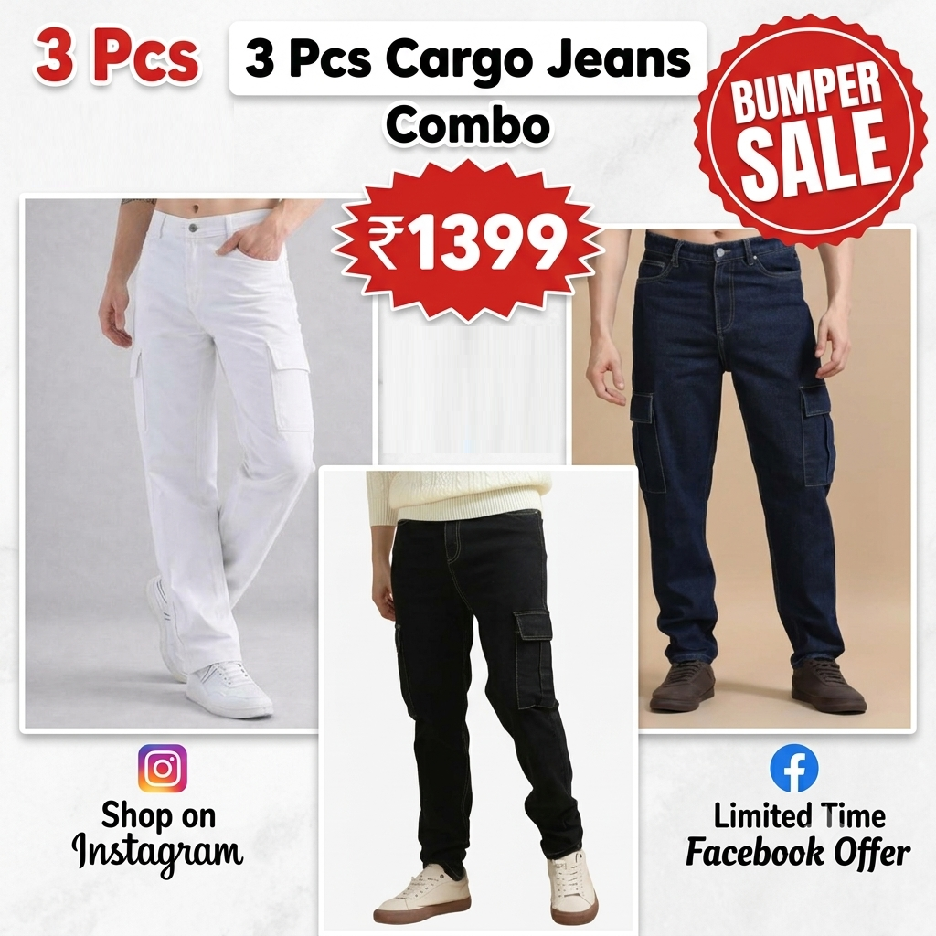 The Blue Vibe Dark Blue , White , Black - Set of 3 (combo Set) denim cargo's for men