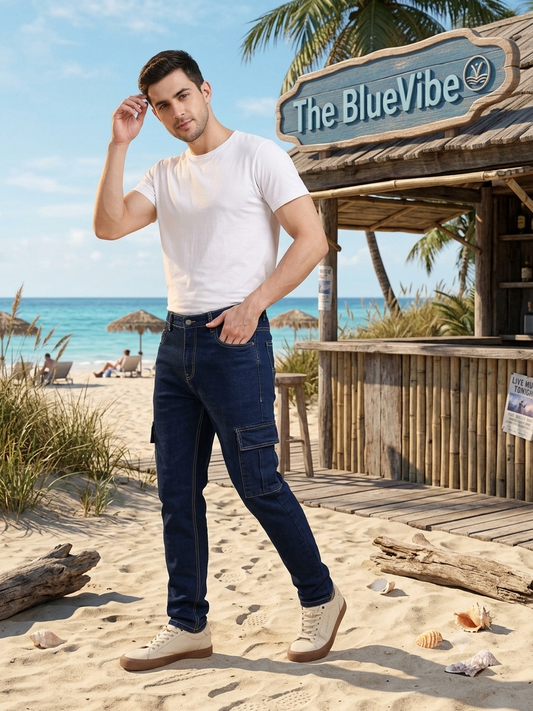 The BlueVibe Dark Blue denim cargo for men.