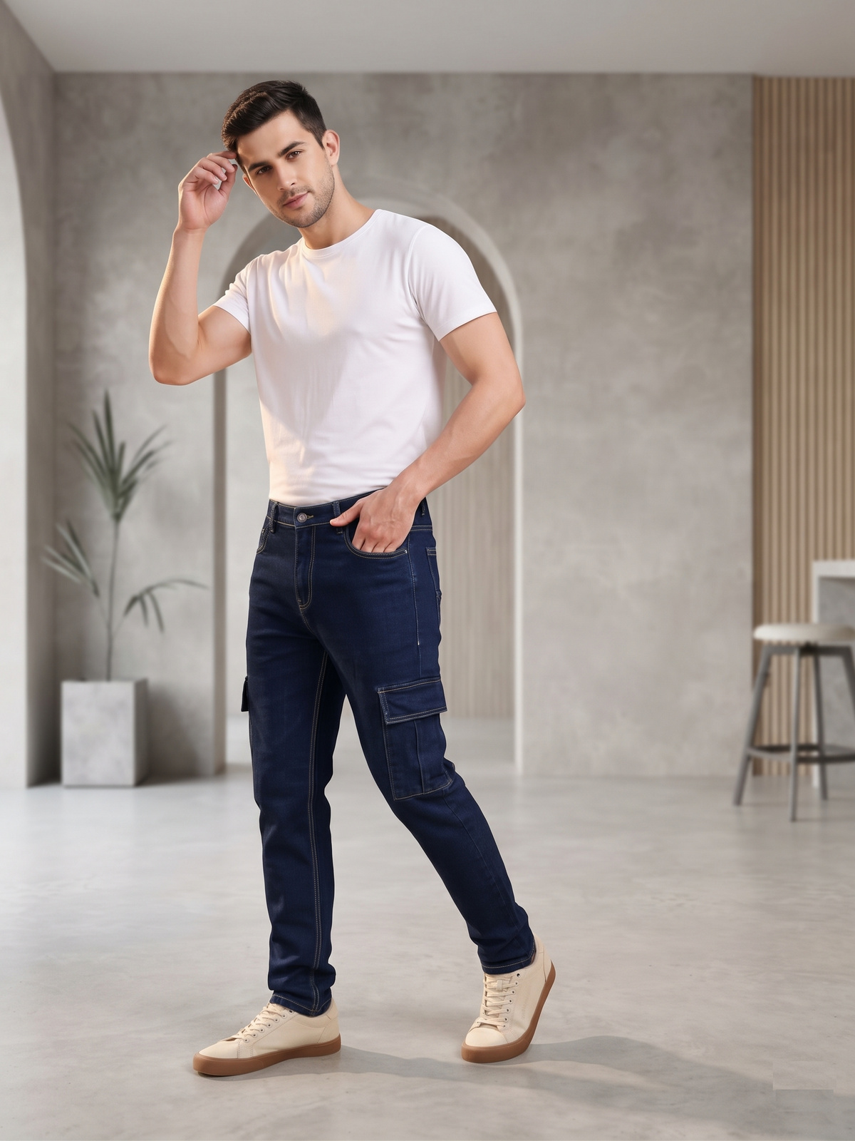 The BlueVibe Dark Blue denim cargo for men.
