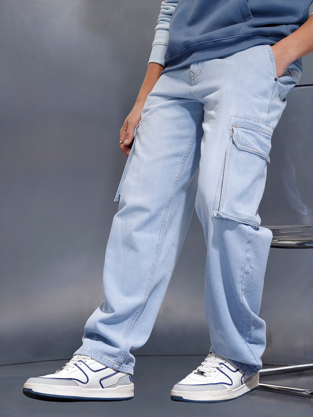 The BlueVibe sky blue stretchable denim cargo for men