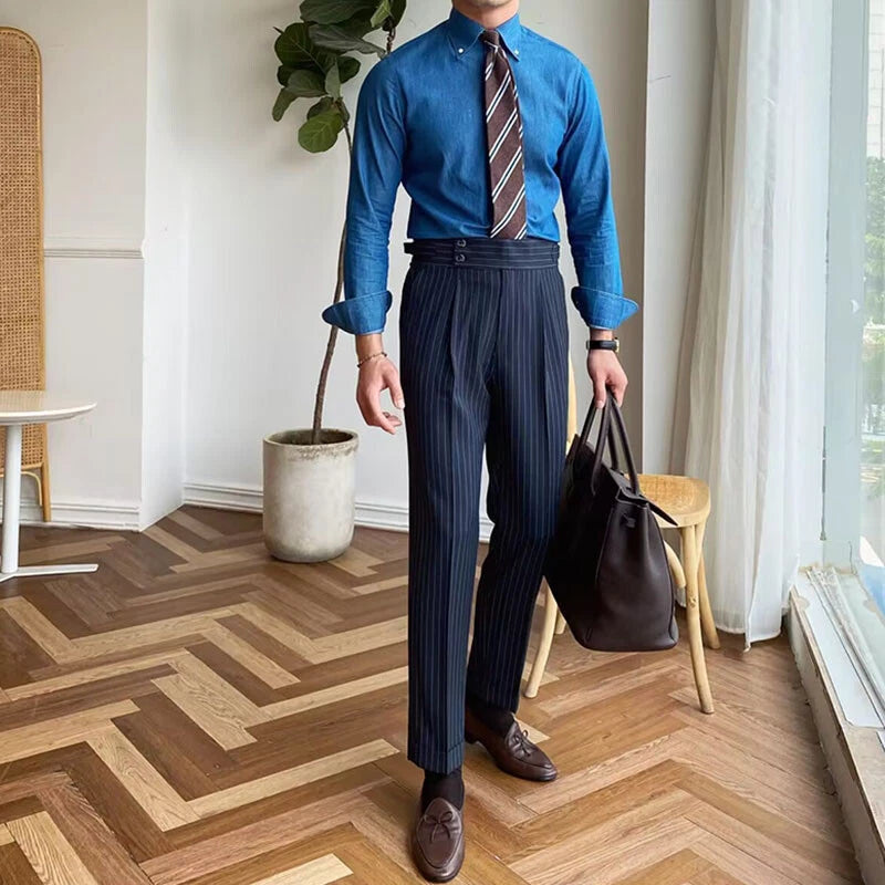 The BlueVibe Signature pinstripe Dark Navy Blue Premium Italian Pattern Cotton Gurkha Trouser