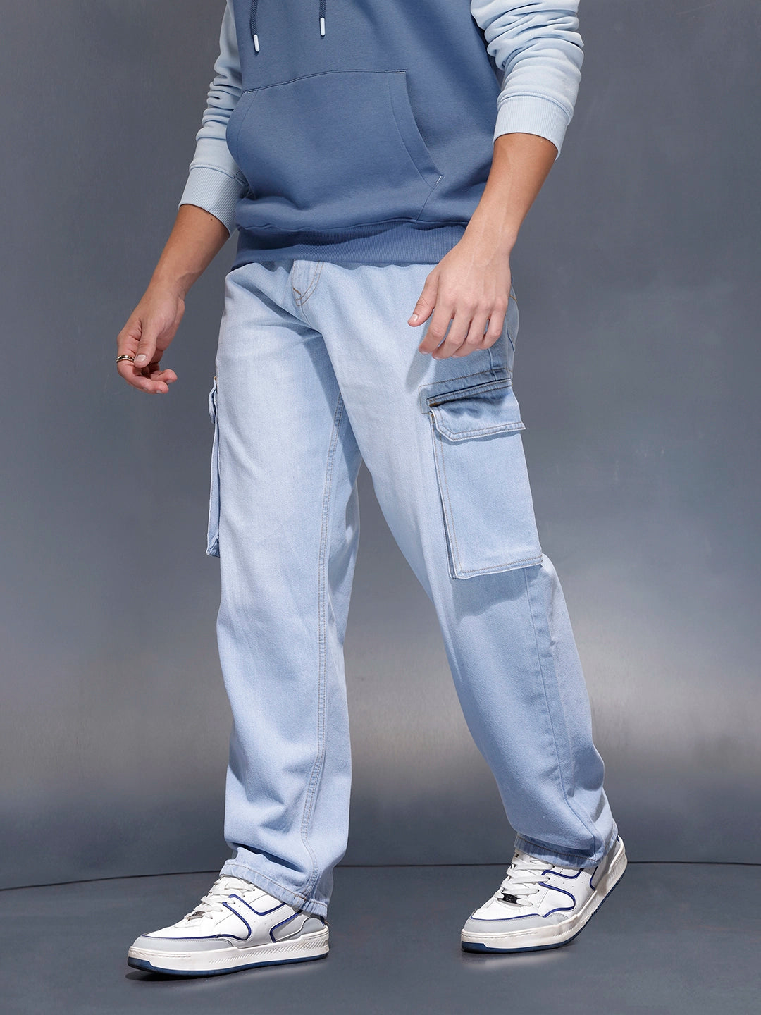 The BlueVibe sky blue stretchable denim cargo for men