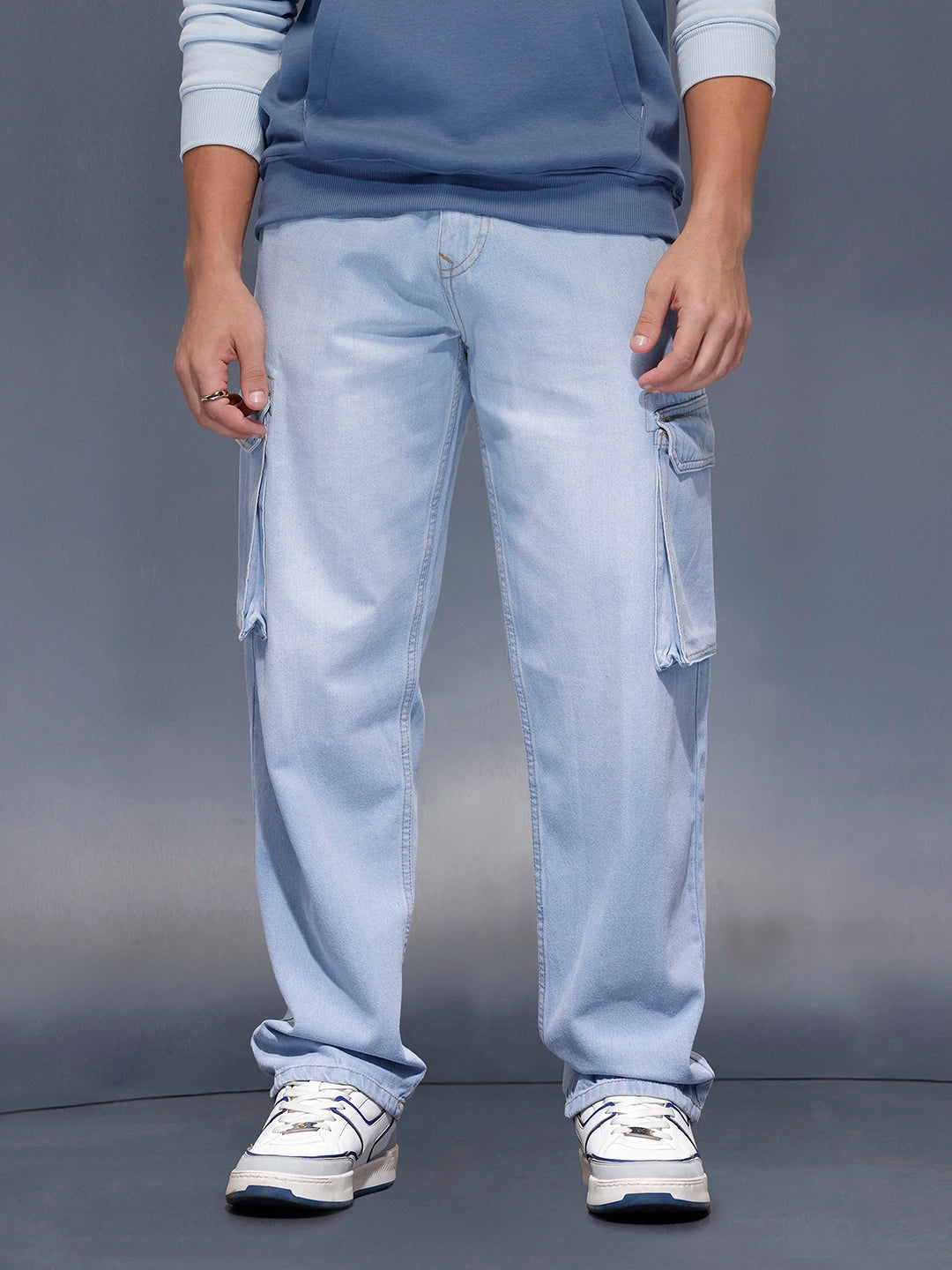 The BlueVibe sky blue stretchable denim cargo for men