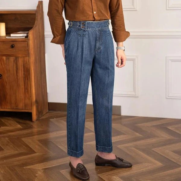 The BlueVibe Dark Blue Premium Denim Italian Pattern Gurkha Pant.