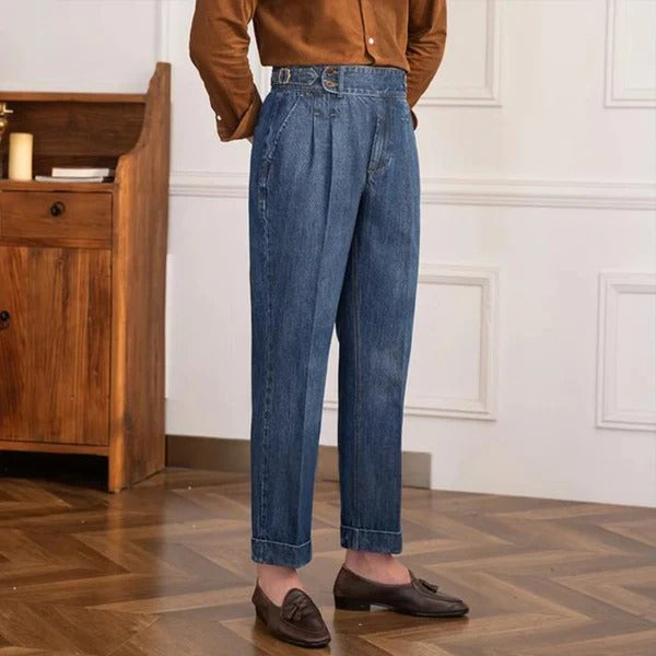 The BlueVibe Dark Blue Premium Denim Italian Pattern Gurkha Pant.