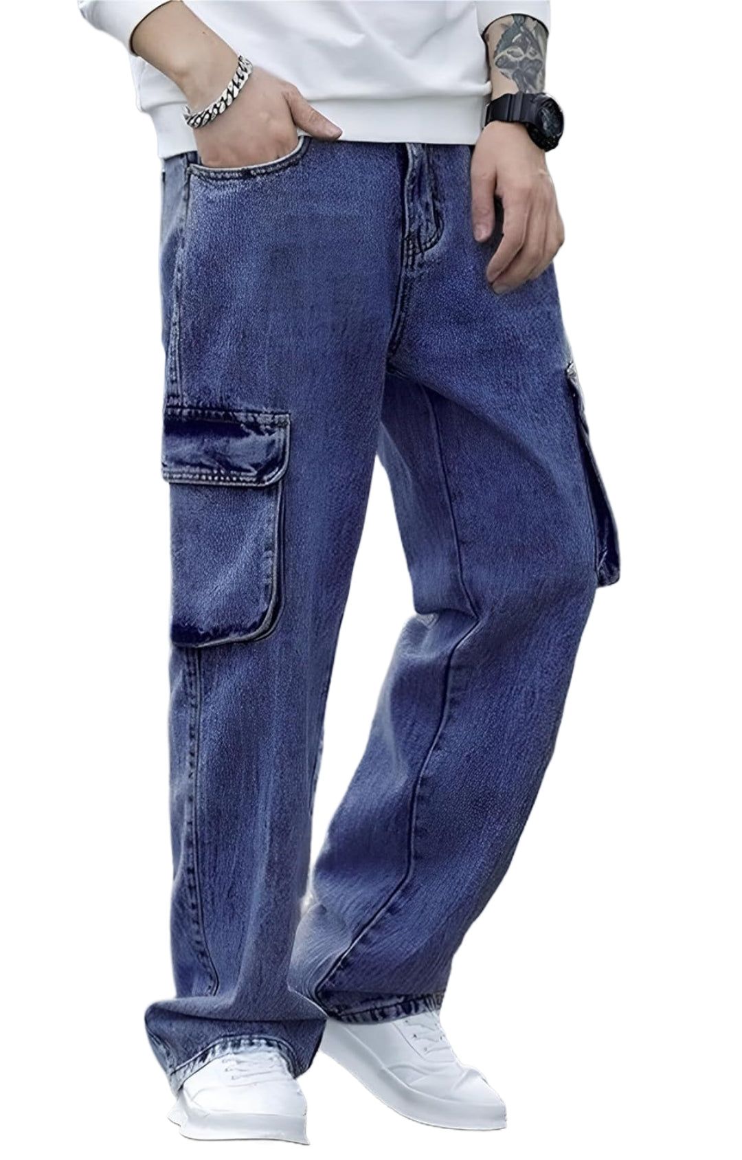 The BlueVibe baggy fit blue denim for men .