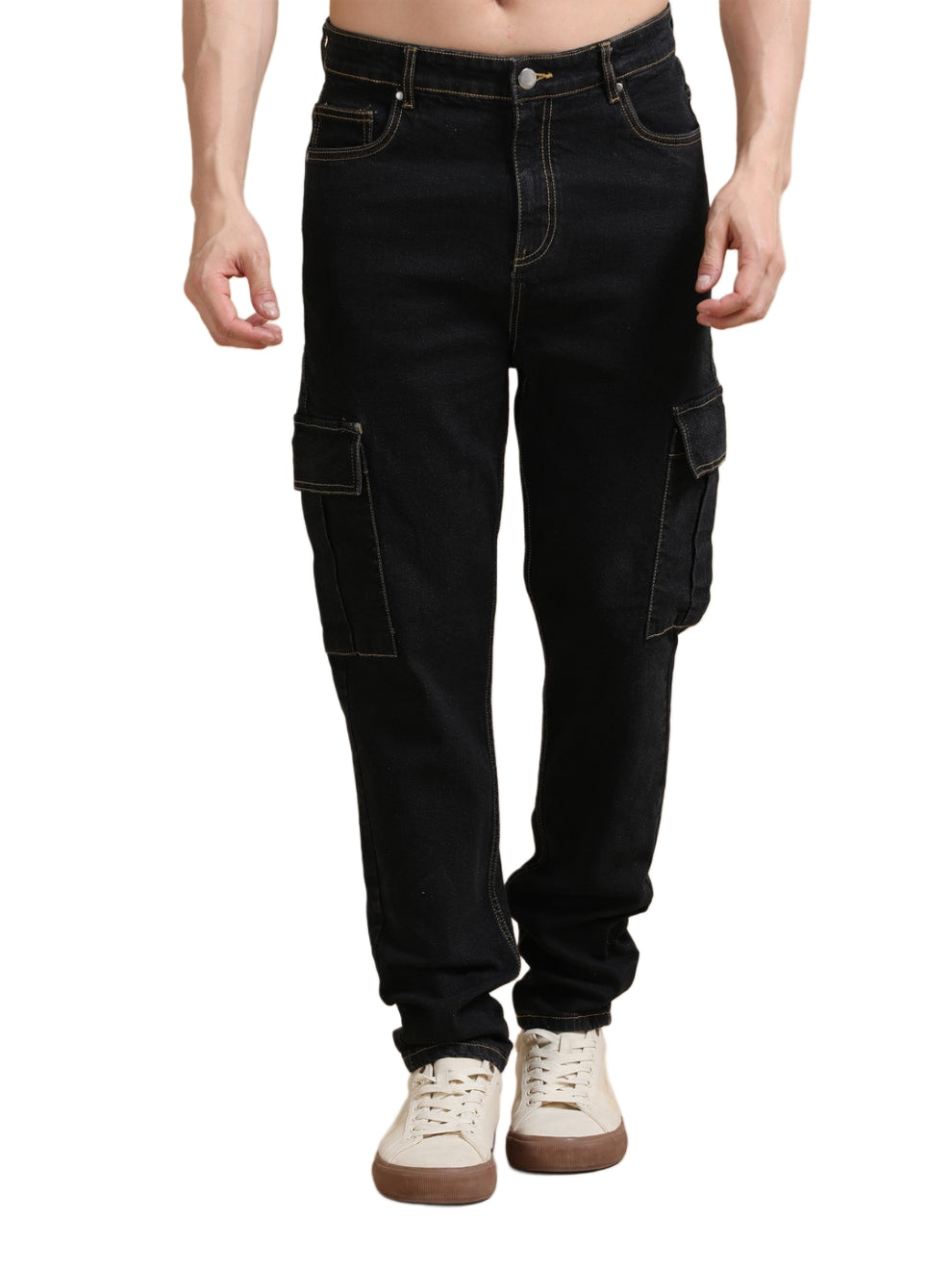 The Blue Vibe  White + Black - Set of 2 (combo Set) denim cargo's for men