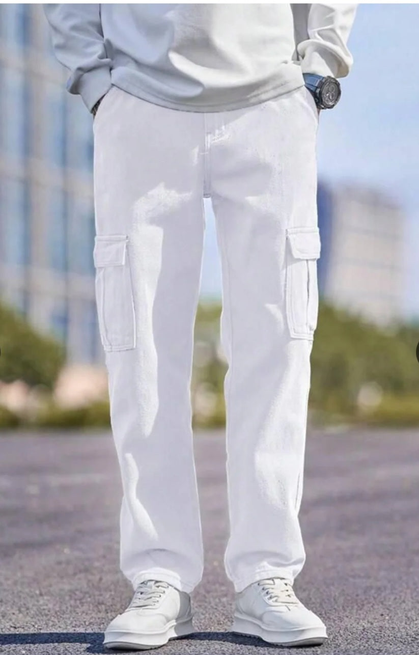 The BlueVibe white color men cotton denim cargo