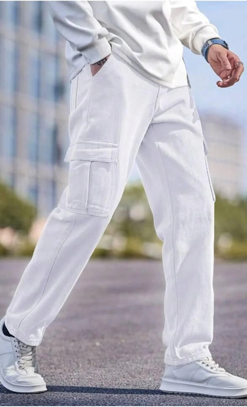 The BlueVibe white color men cotton denim cargo