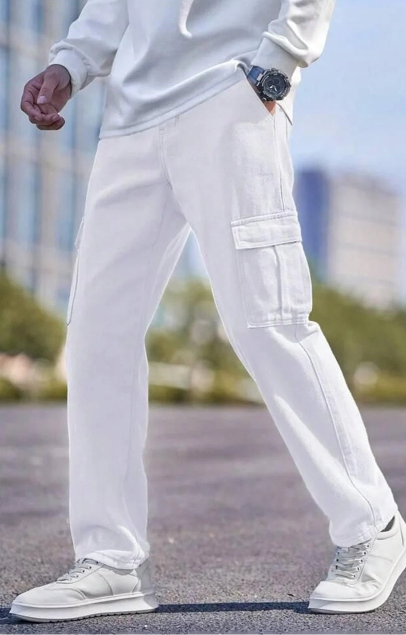 The BlueVibe white color men cotton denim cargo