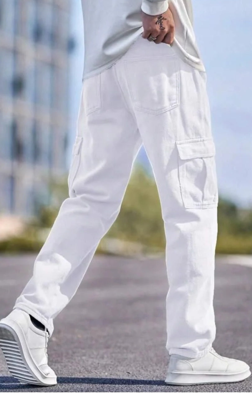 The BlueVibe white color men cotton denim cargo