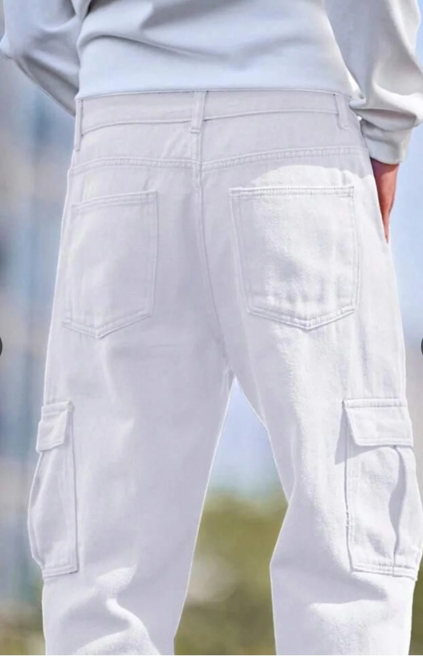 The BlueVibe white color men cotton denim cargo