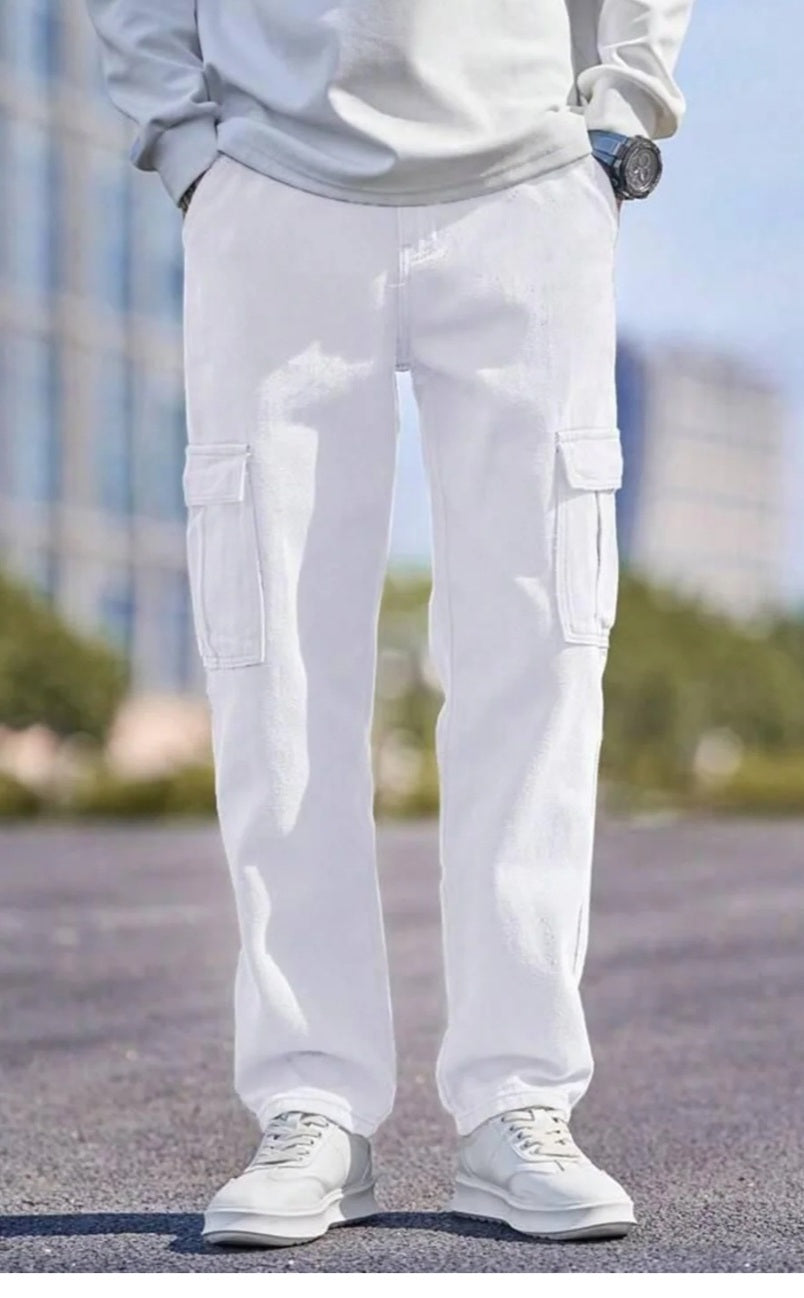 The BlueVibe white color men cotton denim cargo