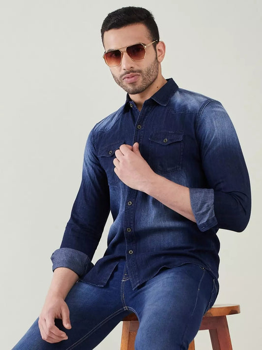 The BlueVibe Dark blue double pocket Denim men shirt