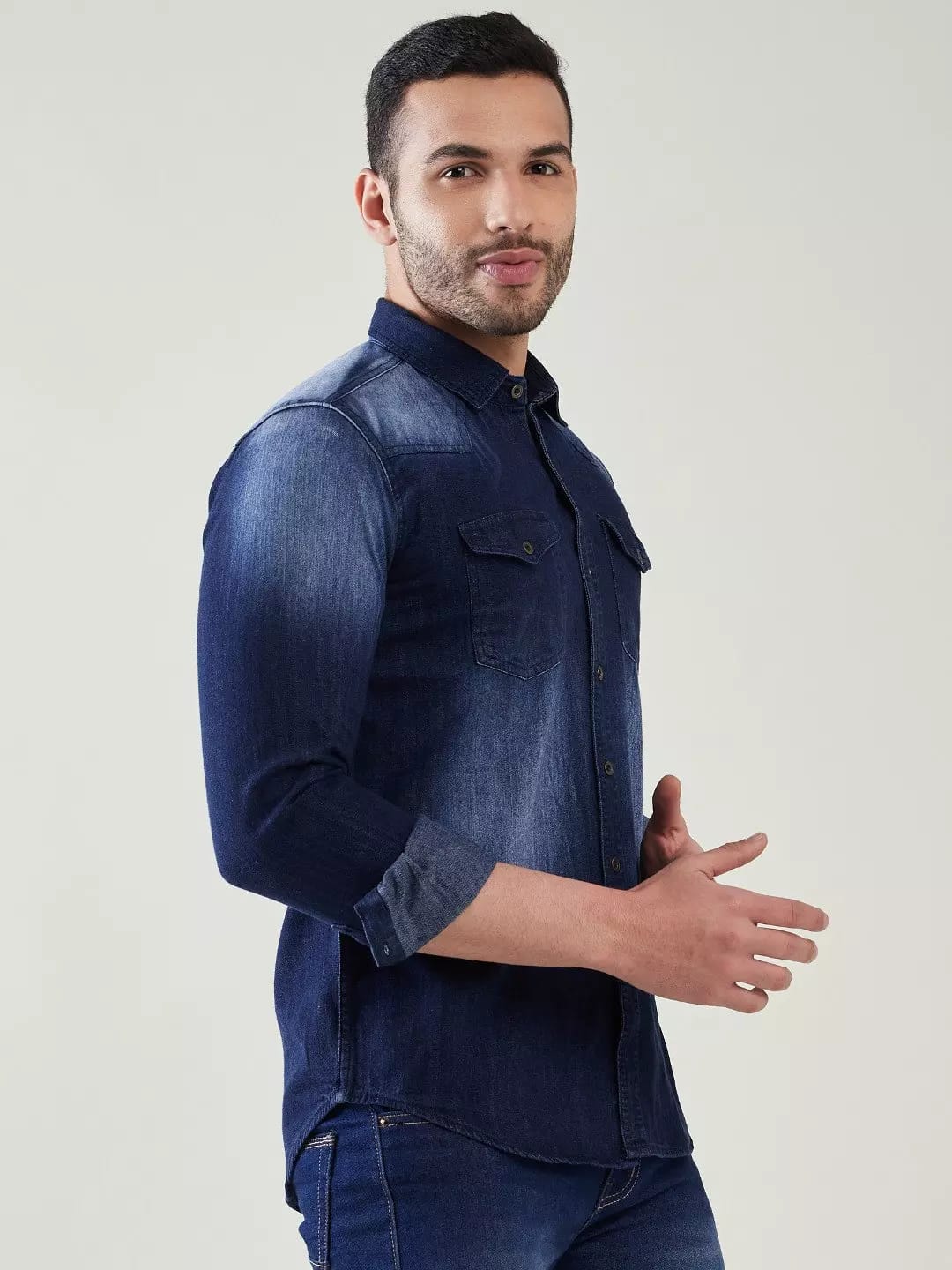 The BlueVibe Dark blue double pocket Denim men shirt