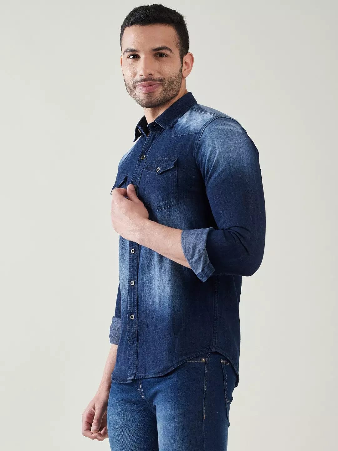 The BlueVibe Dark blue double pocket Denim men shirt