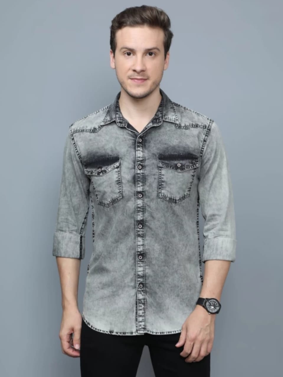The BlueVibe black pixel men denim shirts