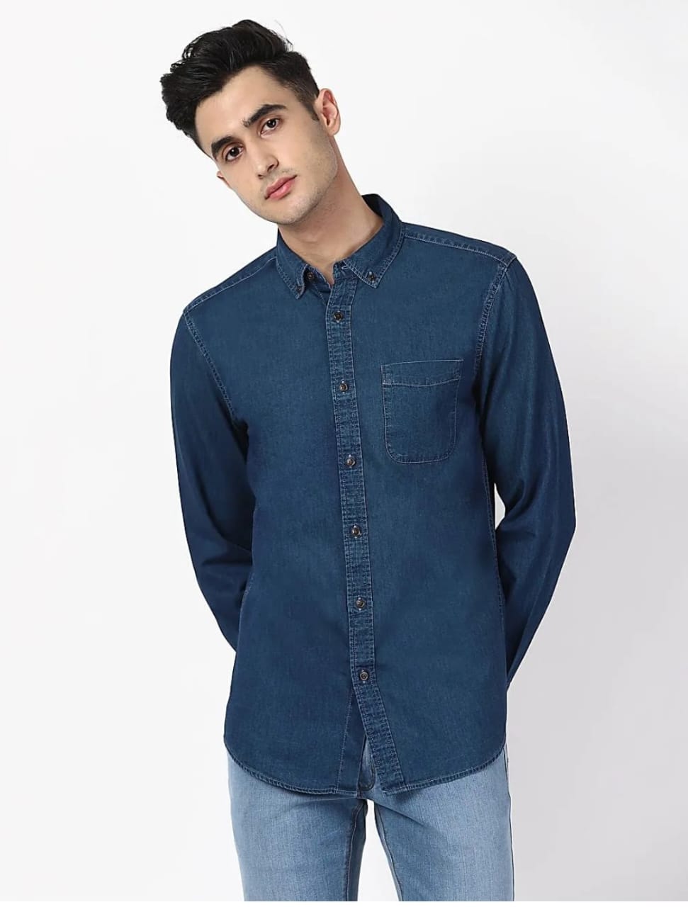 The BlueVibe men cotton blue denim shirt