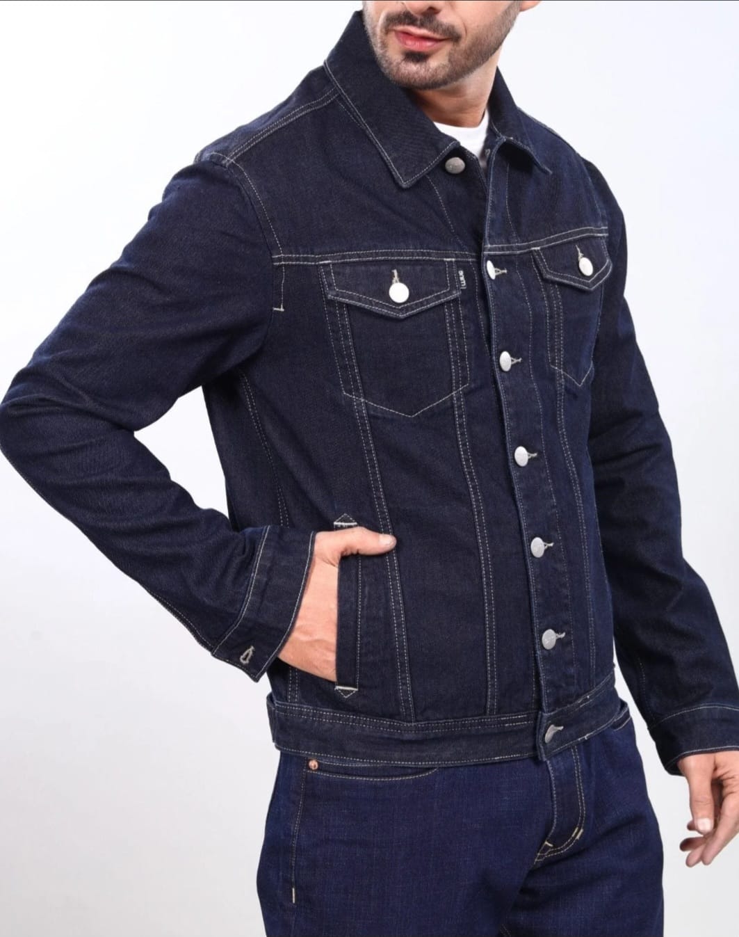 The BlueVibe Dark blue Denim jacket for men.