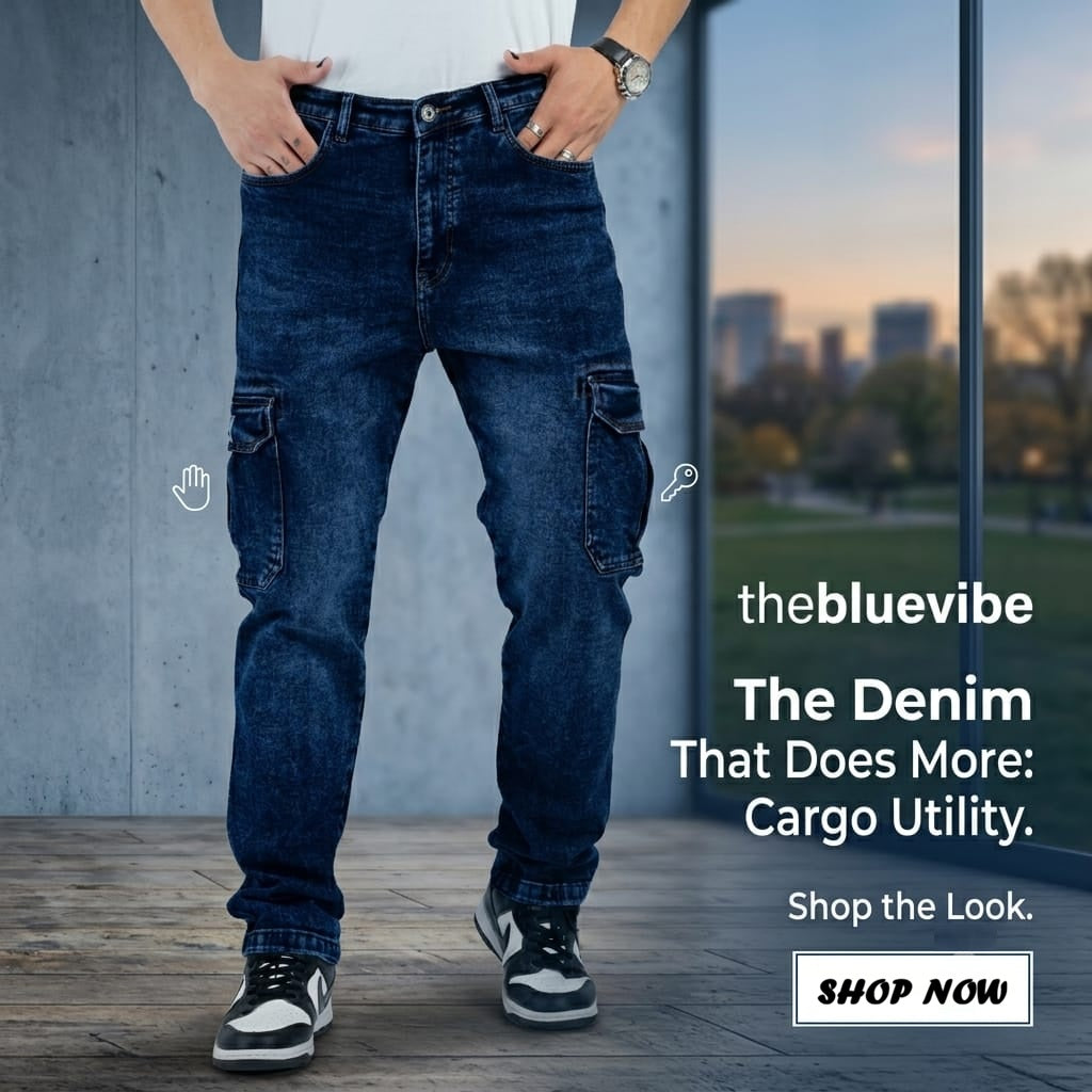 The BlueVibe Ultra Dark blue denim cargo for men