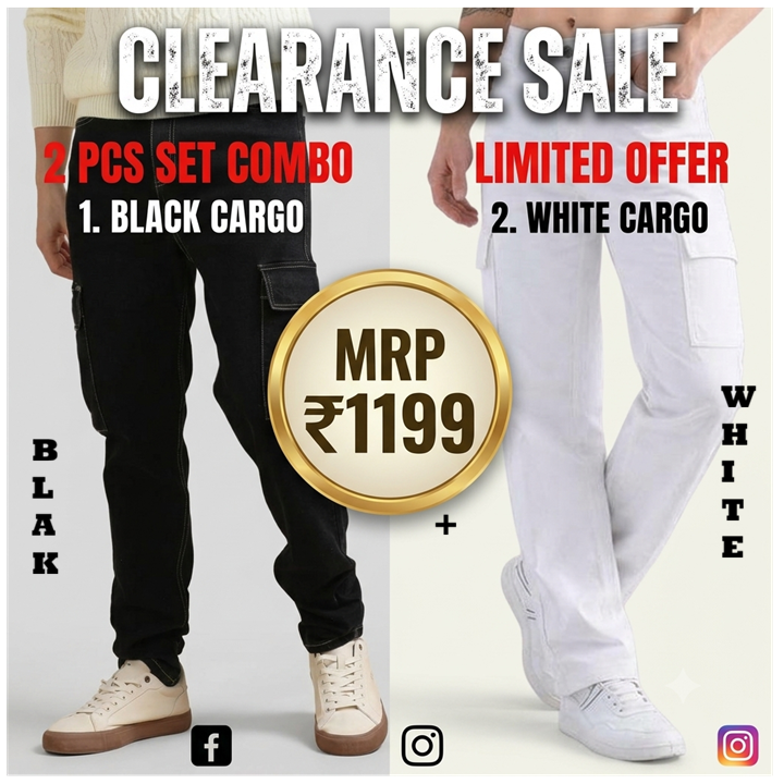 The Blue Vibe  White + Black - Set of 2 (combo Set) denim cargo's for men