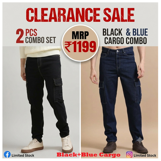 The Blue Vibe Dark Blue + Black - Set of 2 (combo Set) denim cargo's for men