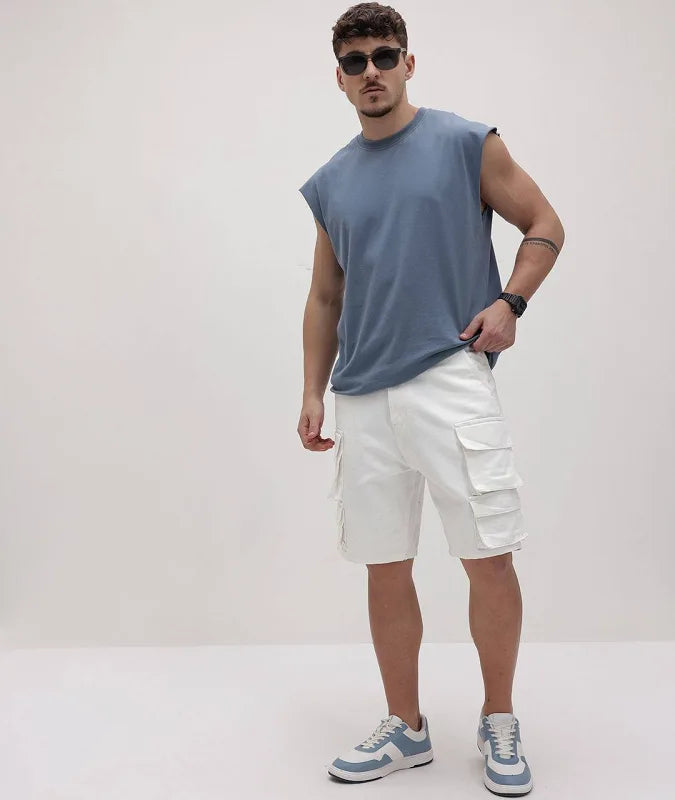 The BlueVibe fully stretchable white cargo men shorts