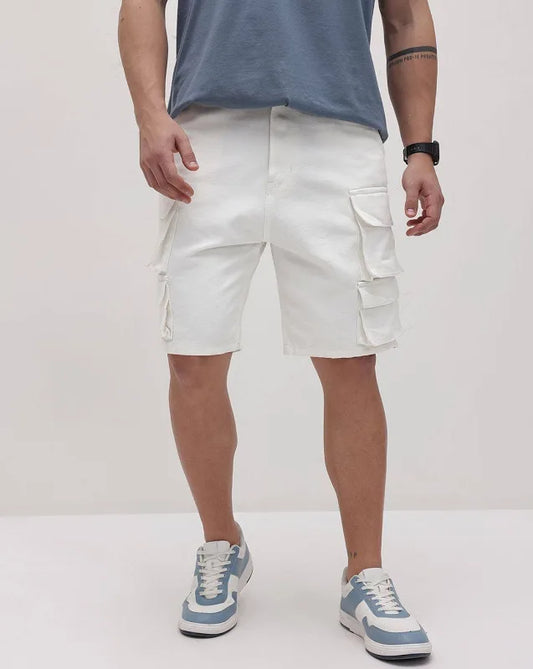 The BlueVibe fully stretchable white cargo men shorts