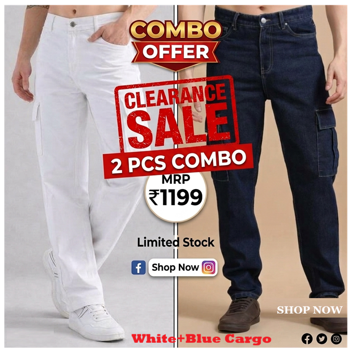 The Blue Vibe Dark White + Blue - Set of 2 (combo Set) denim cargo's for men