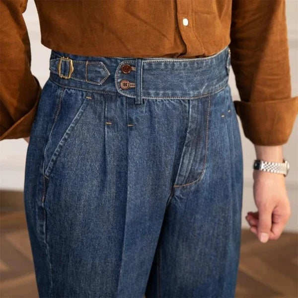 The BlueVibe Dark Blue Premium Denim Italian Pattern Gurkha Pant.